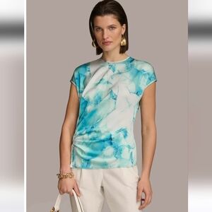Donna Karen New York PRINT EXTENDED SHOULDER RUCHED TOP Size XL